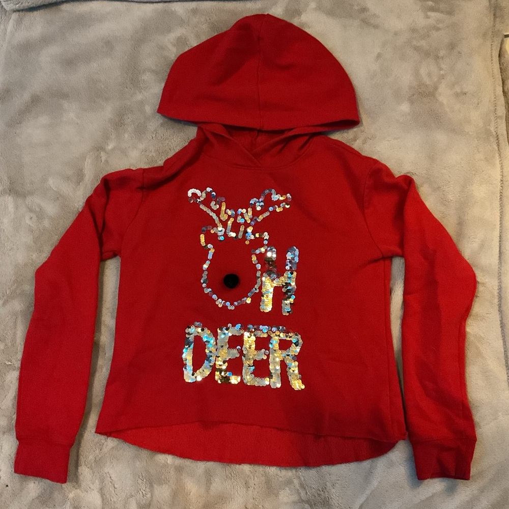 Justice Red Hoodie with Sequin Reindeer